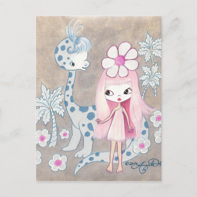 Dinosaurier mit Cavegirl Postkarte (Vorderseite)