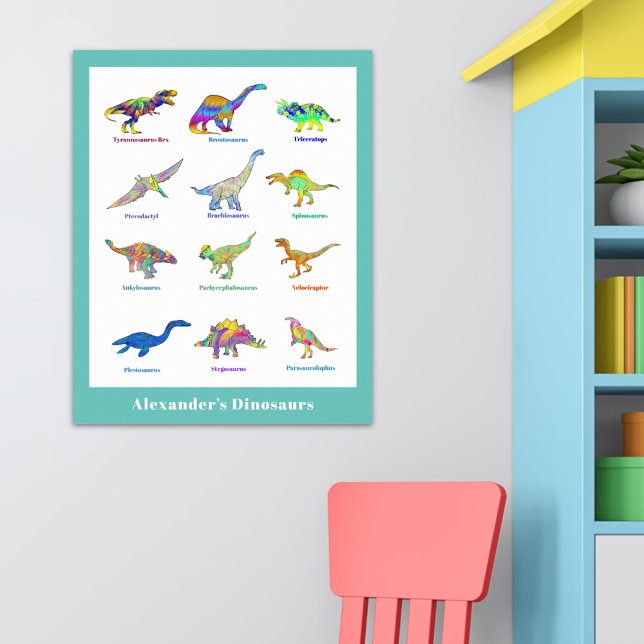Dinosaurier mit Namen bunt Educational Poster (Fun colorful dinosaurs with names custom educational poster)