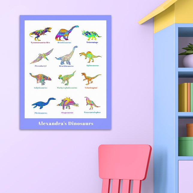 Dinosaurier mit Namen Colorful Educational Poster (Colorful dinosaurs with names purple custom educational poster)