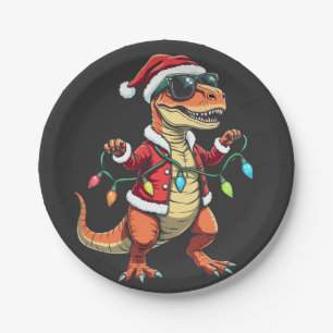 Dinosaurier mit Weihnachtslicht-Weihnachtsmannmütz Pappteller