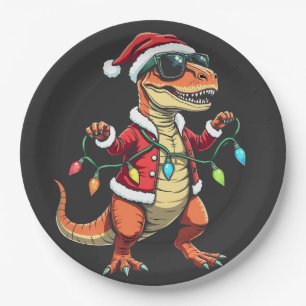 Dinosaurier mit Weihnachtslicht-Weihnachtsmannmütz Pappteller