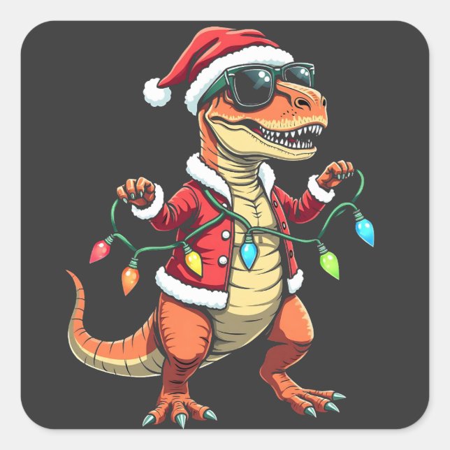 Dinosaurier mit Weihnachtslicht-Weihnachtsmannmütz Quadratischer Aufkleber (Vorderseite)