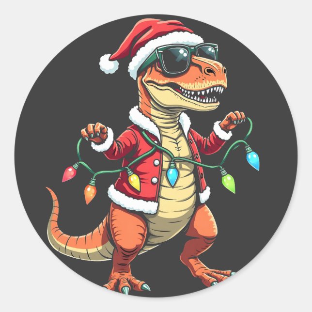 Dinosaurier mit Weihnachtslicht-Weihnachtsmannmütz Runder Aufkleber (Vorderseite)