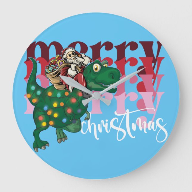 Dinosaurier mit Weihnachtsmann Große Wanduhr (Vorderseite)