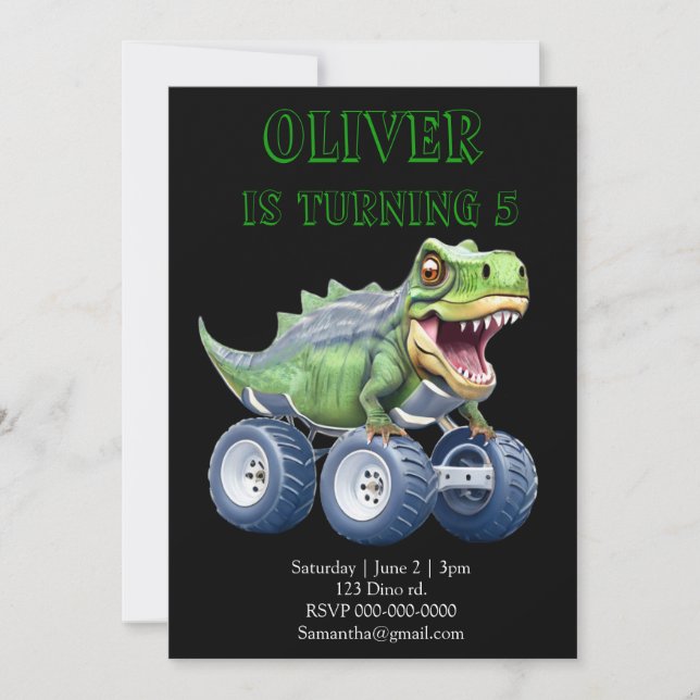 Dinosaurier-Monster-LKW personalisiert Geburtstag Einladung (Vorderseite)