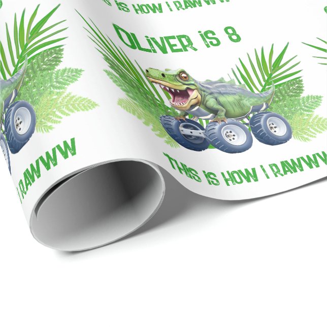 Dinosaurier-Monster-LKW personalisiert Geburtstag Geschenkpapier (Rolleneckpunkt)