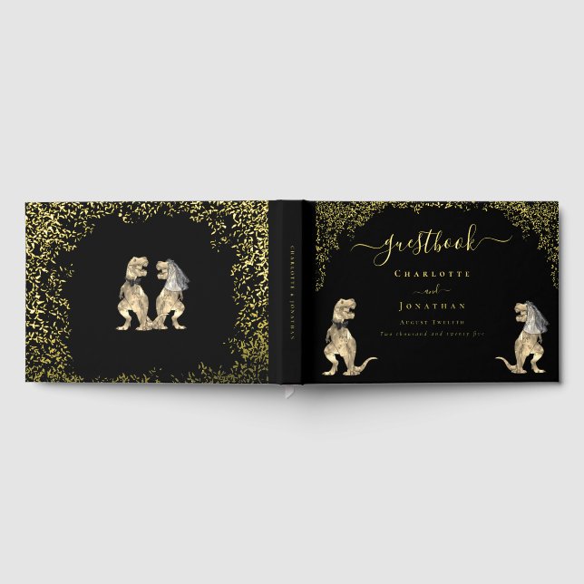 Dinosaurier-Motto-Hochzeit Schwarz & Gold Gästebuch (Voll)
