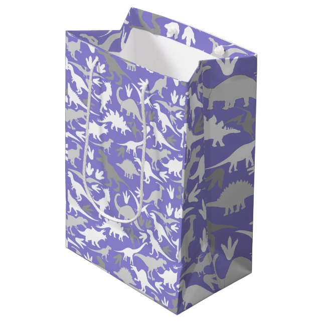 Dinosaurier-Muster 01A LPurple BG Mittlere Geschenktüte (Vorderseite Schrägansicht)