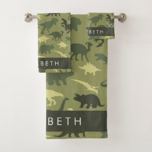 Dinosaurier Muster, Dinosaur Silhouette, Ihr Name Badhandtuch Set