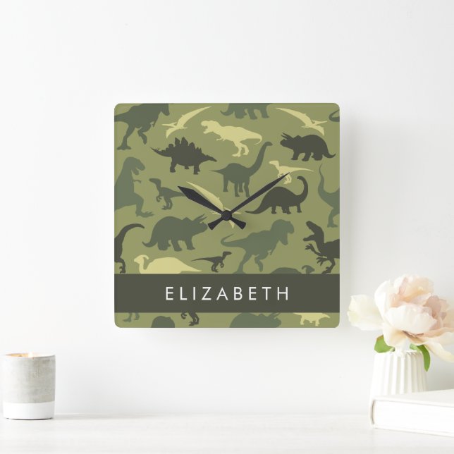Dinosaurier Muster, Dinosaur Silhouette, Ihr Name Quadratische Wanduhr (Zuhause)