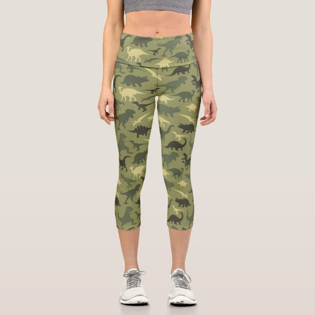 Dinosaurier-Muster, Dinosaurier-Silhouette, grüner Capri Leggings (Vorderseite)