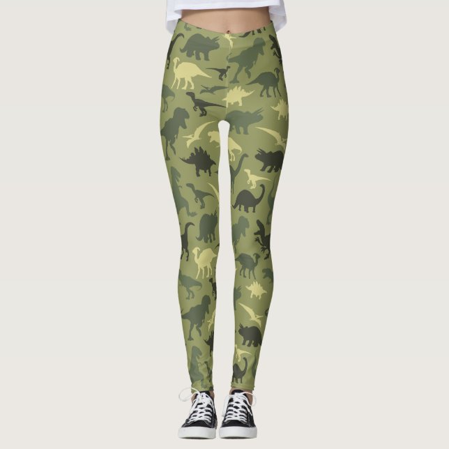 Dinosaurier-Muster, Dinosaurier-Silhouette, grüner Leggings (Vorderseite)