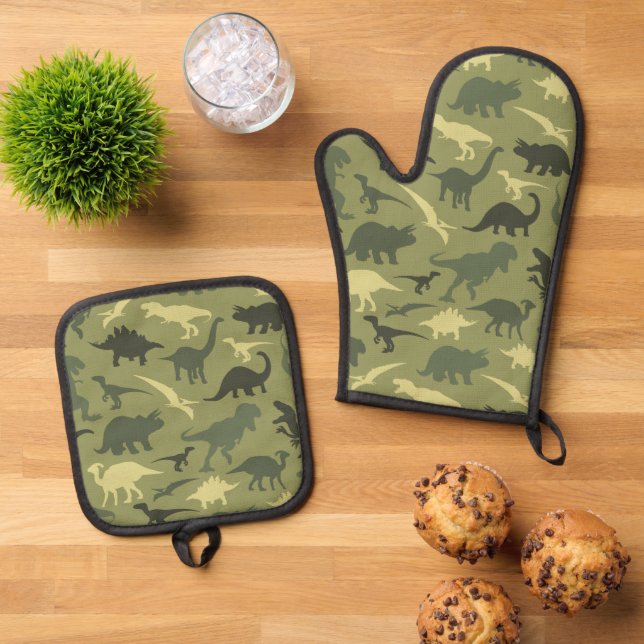 Dinosaurier-Muster, Dinosaurier-Silhouette, grüner Ofenhandschuh & Topflappen-Set (Oben Unten)