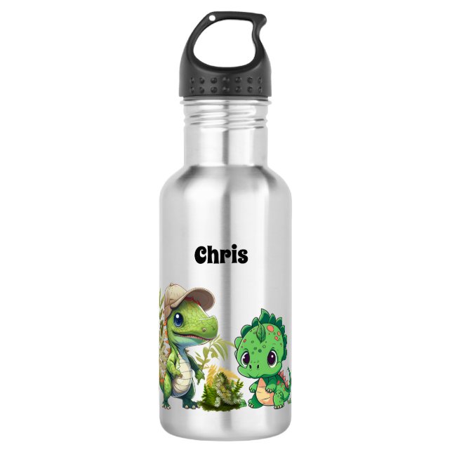 Dinosaurier Muster Kids Personalisierter Name Edelstahlflasche (Vorderseite)