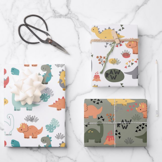 Dinosaurier-Musterkinder Geschenkpapier Set (Vorderseite)