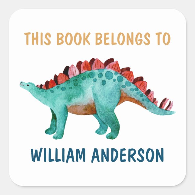 Dinosaurier Name "Dieses Buch gehört" Schule Quadratischer Aufkleber (Vorderseite)