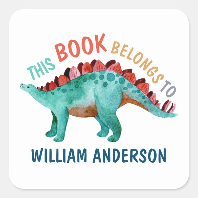 Dinosaurier Name "Dieses Buch gehört" Schule Quadratischer Aufkleber (Vorderseite)