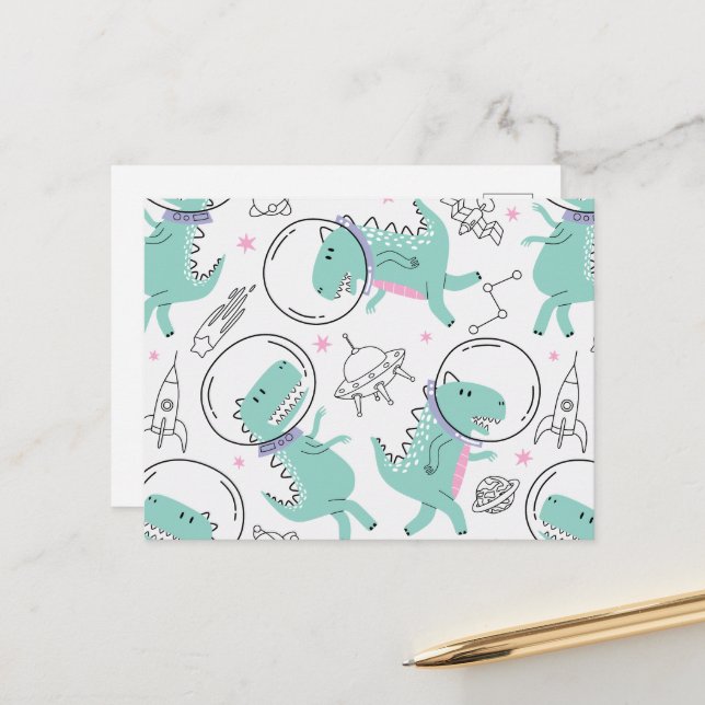 Dinosaurier, Niedliche Dinosaurier, Raumschiff, St Postkarte (Vorderseite/Rückseite Beispiel)
