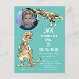 Dinosaurier-Party T Rex Jungen 2. Geburtstag Teal  Einladungspostkarte