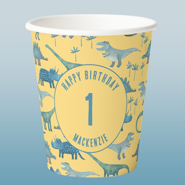 Dinosaurier Personalisiert Age Kindergeburtstag Pa Pappbecher (Fun personalized name and age dinosaur themed kids birthday party paper cups)