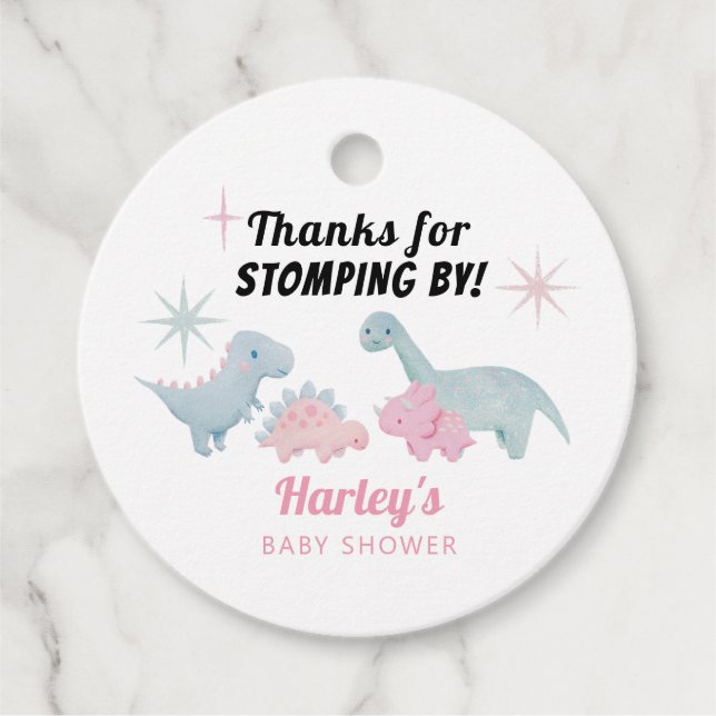 Dinosaurier Pink Babydusche Geschenkanhänger (Vorderseite)