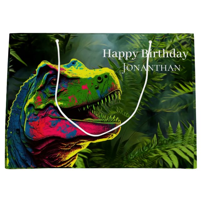 Dinosaurier Pink Jungle glücklich Geburtstag Große Geschenktüte (Vorderseite)