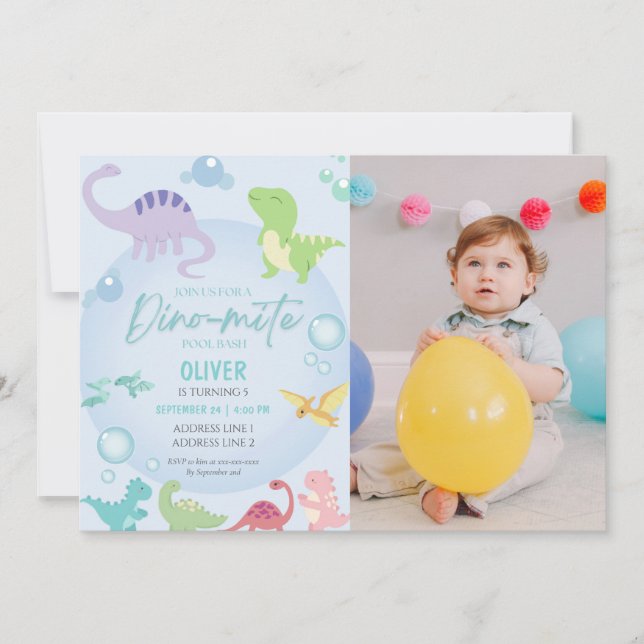 Dinosaurier Pool Party Junge Foto Geburtstag Einladung (Vorderseite)