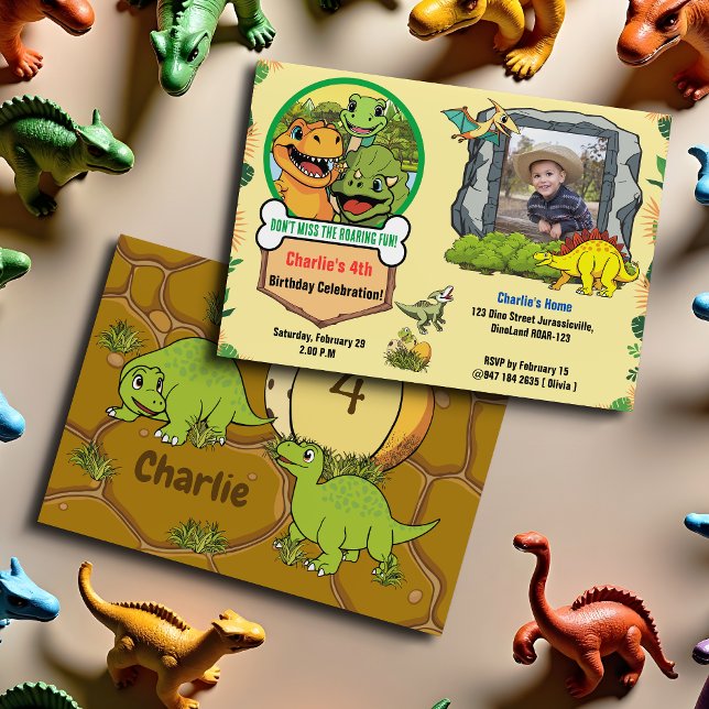 Dinosaurier Prähistorischer Cartoon Foto Geburtsta Einladung (Von Creator hochgeladen)
