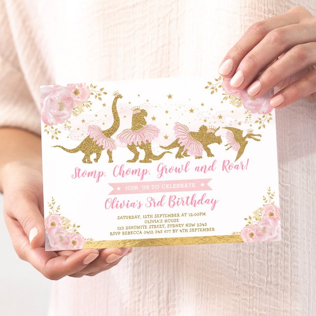 Dinosaurier Princess Ballerina Pink Floral Geburts Einladung (Von Creator hochgeladen)