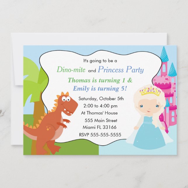 Dinosaurier Princess Einladung Kindergeburtstag Pa (Vorderseite)