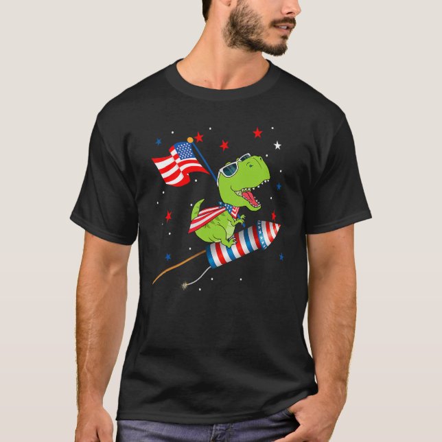 Dinosaurier Reiten Feuerwerk Sonne 4. Juli Kinder  T-Shirt (Vorderseite)