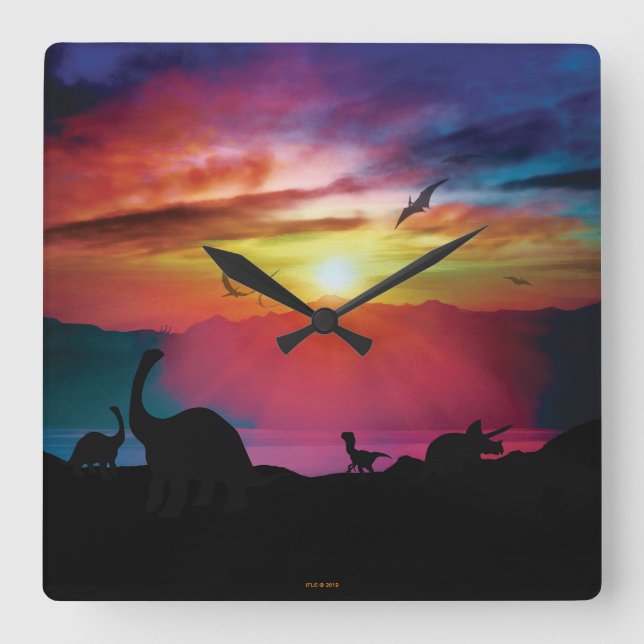 Dinosaurier-Sonnenuntergang Quadratische Wanduhr (Vorderseite)