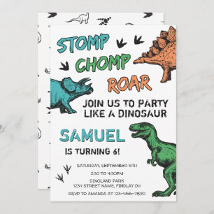 Dinosaurier Stomp Chomp Roar Geburtstagsparty, jed Einladung