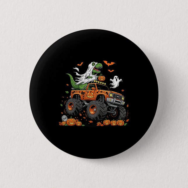 Dinosaurier T-Rex fährt auf Monstertruck Halloween Button (Vorderseite)