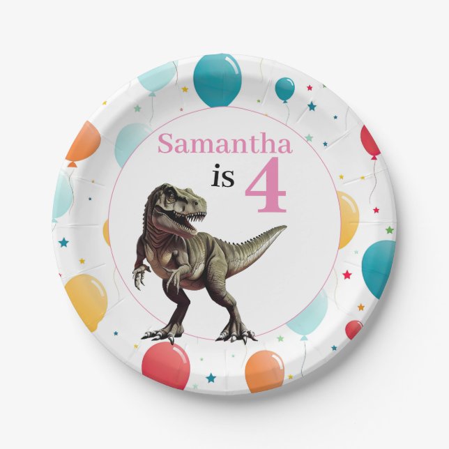 Dinosaurier T Rex Geburtstag Pink Pappteller (Vorderseite)