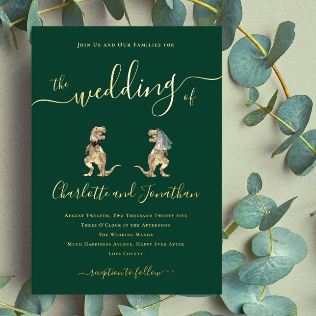 Dinosaurier Thema Hochzeit Grün und Gold Folieneinladung (Dinosaur theme wedding dark green and gold foil invitation Eleagnt modern script funny T-Rex dino )
