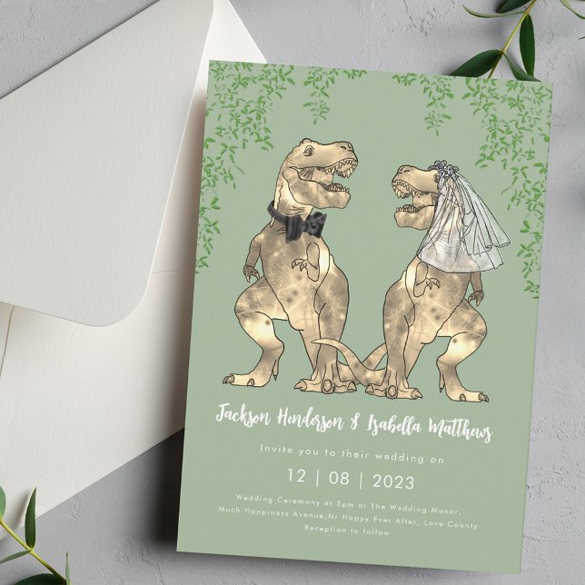 Dinosaurier-Thema Sage-Grün-Hochzeit Einladung (Dinosaur T-Rex bride and groom sage green and white wedding invitation Funny T-Rex bride and groom )