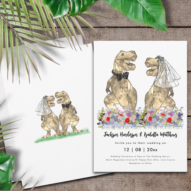 Dinosaurier Thema Wildblume Hochzeit Einladung (Dinosaur themed wedding invitation with T-Rex bride and groom with colorful prehistoric wildflowers)