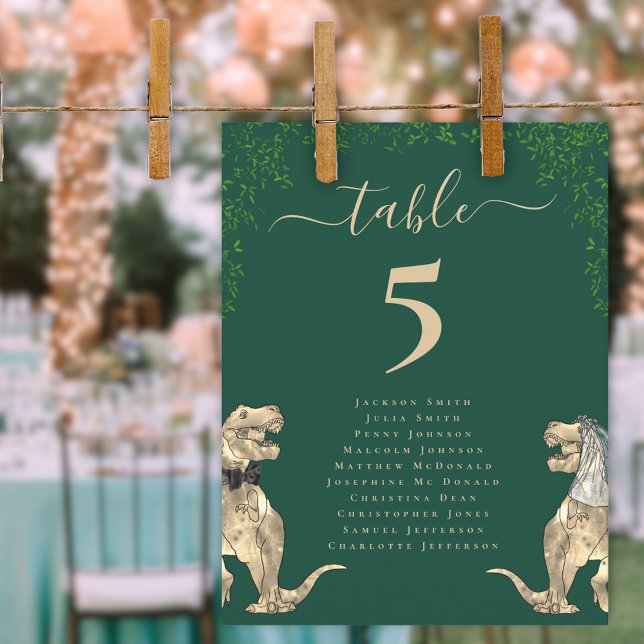 Dinosaurier Themed Wedding Table Seating Chart (Dinosaur wedding dark green table number chart card T-Rex dino bride and groom elegant script )