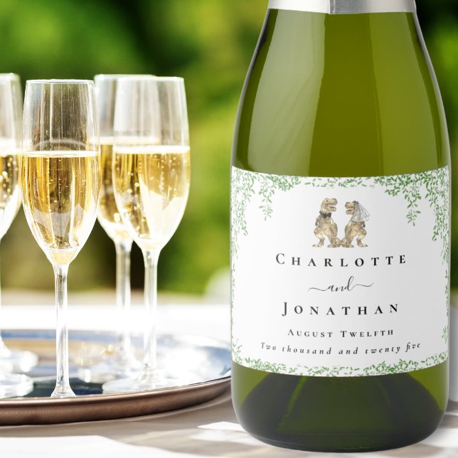 Dinosaurier-Themen-Hochzeit nach Maß (Personalized T-Rex bride and groom dinosaur wedding sparkling wine labels Watercolor foliage)