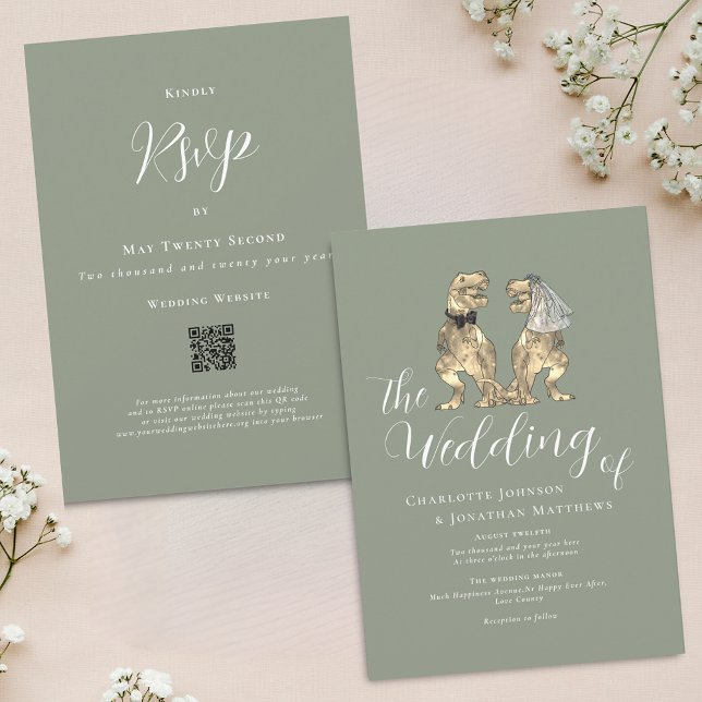 Dinosaurier-Themenhochzeit Salbeigrün QR-Code Einladung (Dinosaur theme sage green wedding qr code invitation funny T-Rex dino bride and groom elegant script)