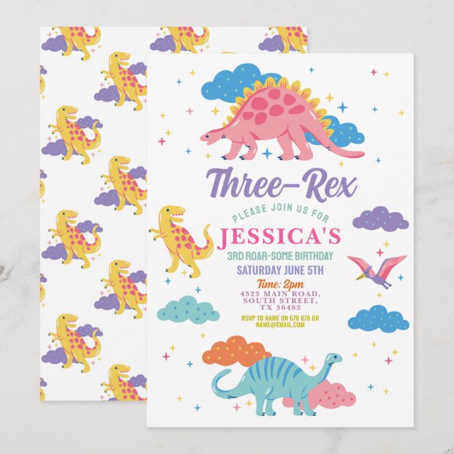 Dinosaurier Three Rex Niedlich Girls Pink Party Einladung (Vorne/Hinten)