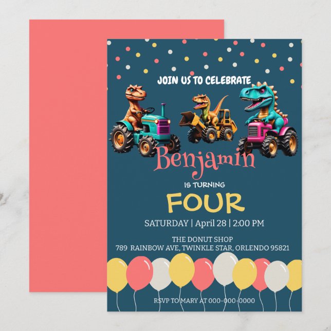 Dinosaurier Traktor Ballon Schule Geburtstag Einladung (Vorne/Hinten)