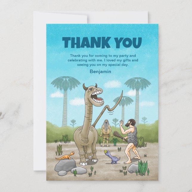 Dinosaurier treffen auf die Steinzeit Dankeskarte (Vorderseite)