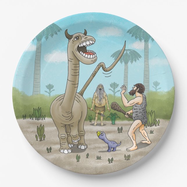 Dinosaurier treffen auf die Steinzeit Pappteller (Vorderseite)