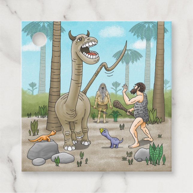 Dinosaurier trifft auf die Steinzeit Geschenkanhänger (Vorderseite)