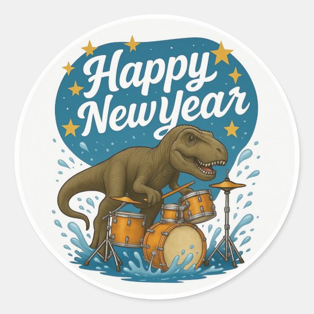 Dinosaurier Trommeln Sticker Happy Neues Jahr. (Vorderseite)