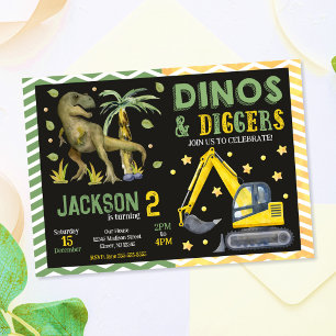 Dinosaurier und Baumaschinen-Dinos Geburtstag Einladung