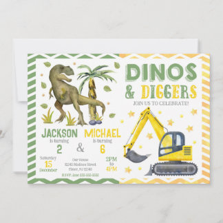 Dinosaurier- und Baustellen-Joint Geburtstag Einladung