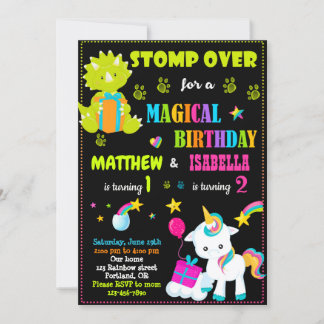 Dinosaurier und Einhorn Einladung zum Geburtstag T